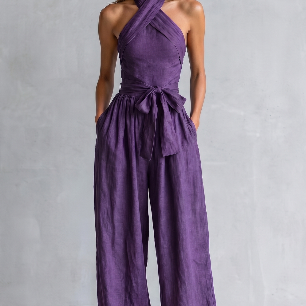 Wide-Leg Jumpsuit with Halter Neck and Tie Waist