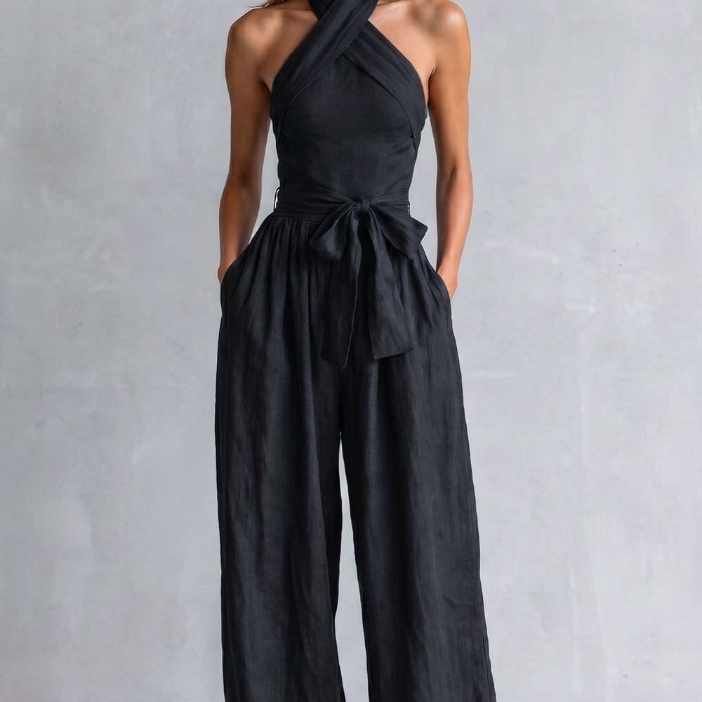 Wide-Leg Jumpsuit with Halter Neck and Tie Waist