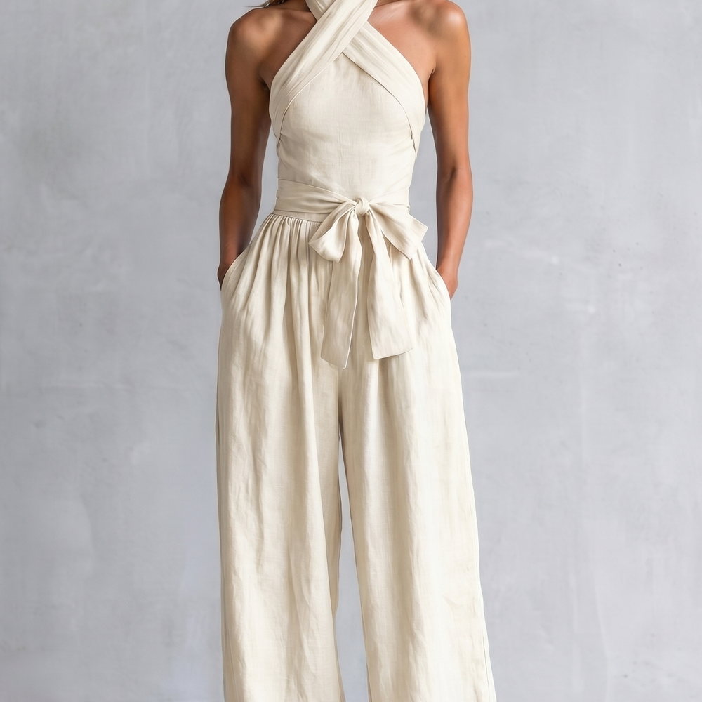 Wide-Leg Jumpsuit with Halter Neck and Tie Waist