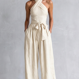 Wide-Leg Jumpsuit with Halter Neck and Tie Waist