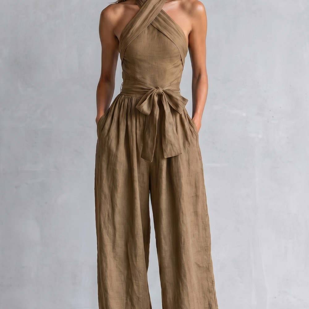 Wide-Leg Jumpsuit with Halter Neck and Tie Waist