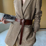 Houndstooth Belted Tailored Blazer with Flap Pockets