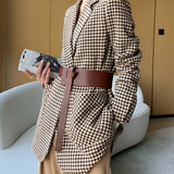 Houndstooth Belted Tailored Blazer with Flap Pockets
