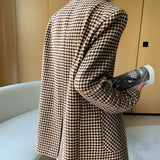 Houndstooth Belted Tailored Blazer with Flap Pockets