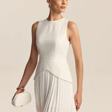 Pleated Mini Dress with Round Neck and Asymmetric Waist