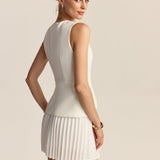 Pleated Mini Dress with Round Neck and Asymmetric Waist