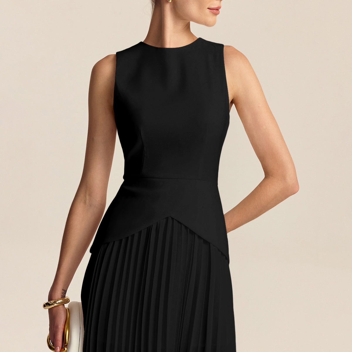 Pleated Mini Dress with Round Neck and Asymmetric Waist