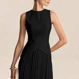 Pleated Mini Dress with Round Neck and Asymmetric Waist