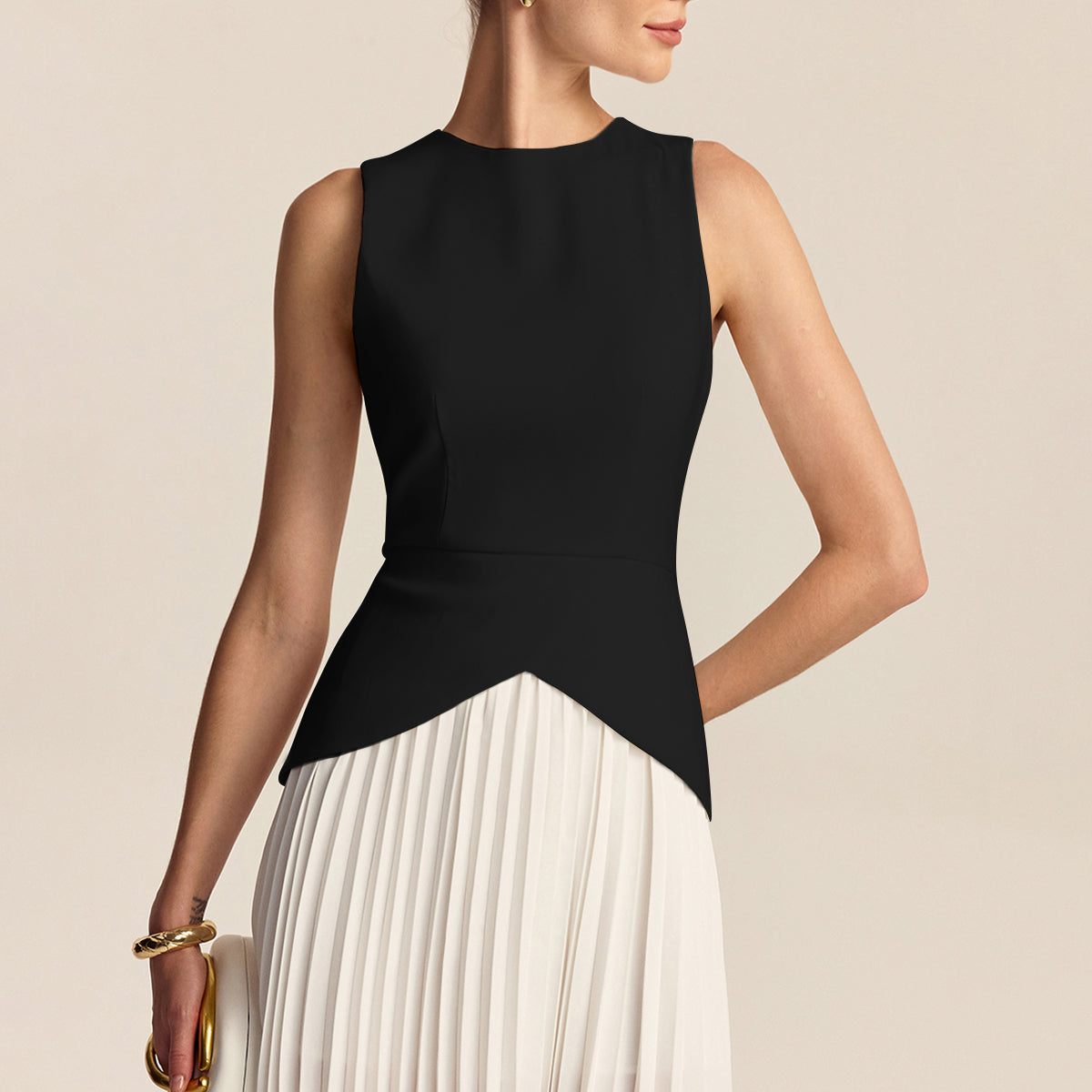 Pleated Mini Dress with Round Neck and Asymmetric Waist