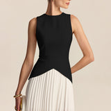 Pleated Mini Dress with Round Neck and Asymmetric Waist