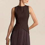 Pleated Mini Dress with Round Neck and Asymmetric Waist