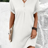 Button V-Neck Mini Dress with Short Sleeves