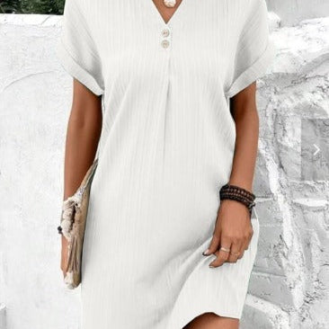Button V-Neck Mini Dress with Short Sleeves