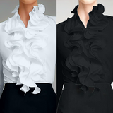 Women's Blouse with Ruffle Front High Neckline and Long Sleeves