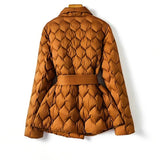 Belted Quilted Puffer Jacket with Lapel Collar and Long Sleeves