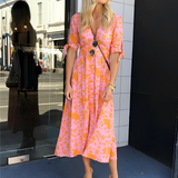Button-Front Midi Dress with V-Neck and Tie Sleeves