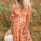 Button-Front Midi Dress with V-Neck and Tie Sleeves