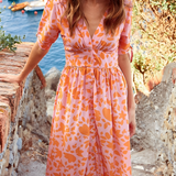 Button-Front Midi Dress with V-Neck and Tie Sleeves