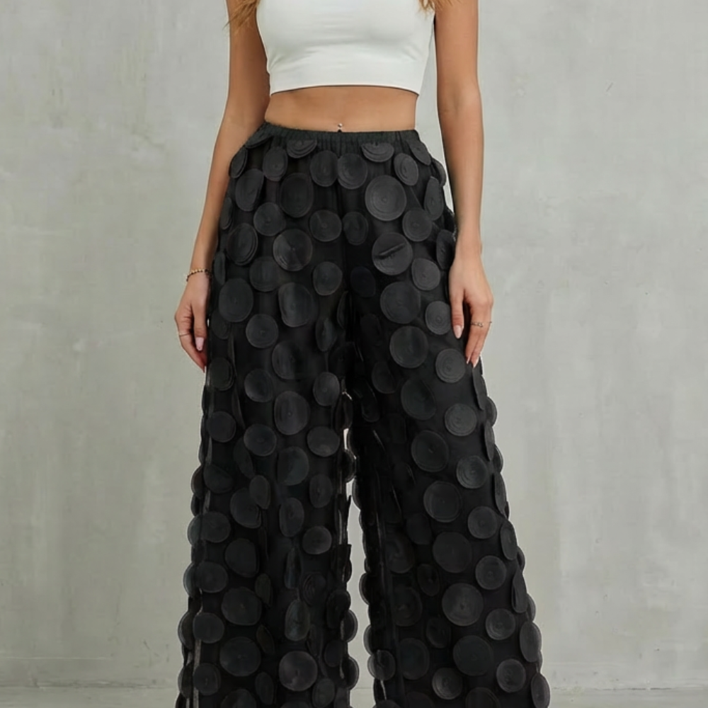 Layered Wide-Leg Trousers with Mesh Applique