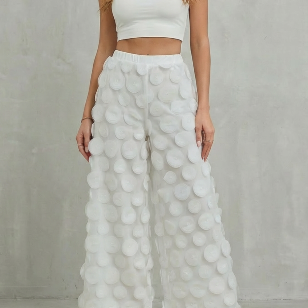Layered Wide-Leg Trousers with Mesh Applique