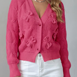 Bow Applique Cardigan with V-Neck and Button Front