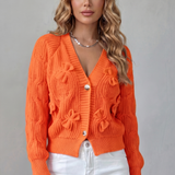 Bow Applique Cardigan with V-Neck and Button Front