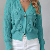 Bow Applique Cardigan with V-Neck and Button Front