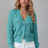Bow Applique Cardigan with V-Neck and Button Front