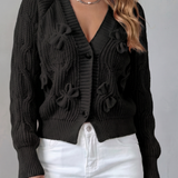 Bow Applique Cardigan with V-Neck and Button Front