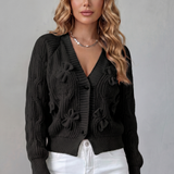 Bow Applique Cardigan with V-Neck and Button Front