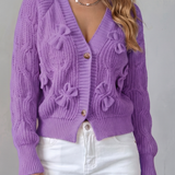 Bow Applique Cardigan with V-Neck and Button Front