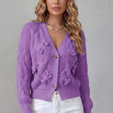 Bow Applique Cardigan with V-Neck and Button Front