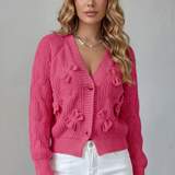Bow Applique Cardigan with V-Neck and Button Front