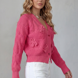 Bow Applique Cardigan with V-Neck and Button Front