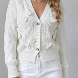 Bow Applique Cardigan with V-Neck and Button Front