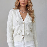 Bow Applique Cardigan with V-Neck and Button Front