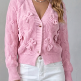 Bow Applique Cardigan with V-Neck and Button Front