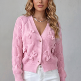 Bow Applique Cardigan with V-Neck and Button Front