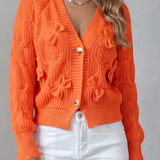 Bow Applique Cardigan with V-Neck and Button Front
