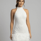 Sequin Mini Dress with Halter Neck and Feather Trim