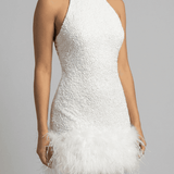 Sequin Mini Dress with Halter Neck and Feather Trim
