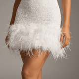 Sequin Mini Dress with Halter Neck and Feather Trim