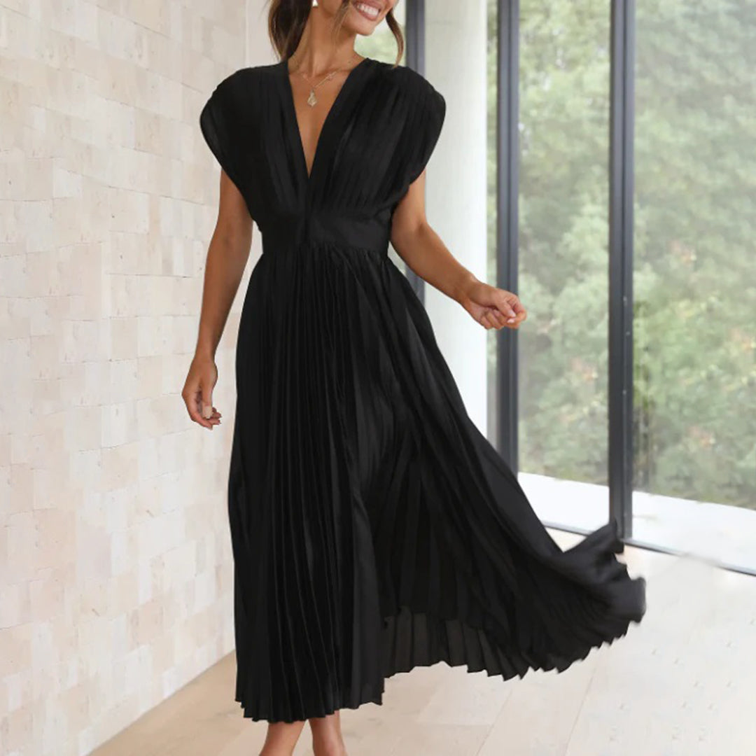 Satin Pleated Flare Midi Dress with Cap Sleeves