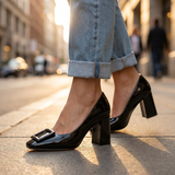 Women's High Heels with Block Heel and Buckle Detail Closed Toe Pumps for Office Wear