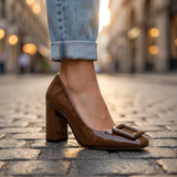 Women's High Heels with Block Heel and Buckle Detail Closed Toe Pumps for Office Wear