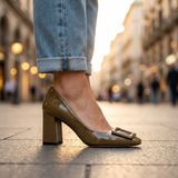 Women's High Heels with Block Heel and Buckle Detail Closed Toe Pumps for Office Wear
