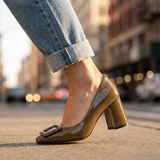 Women's High Heels with Block Heel and Buckle Detail Closed Toe Pumps for Office Wear