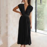 Satin Pleated Flare Midi Dress with Cap Sleeves