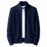 Full-Zip Ribbed Knit Cardigan with Mock Neck