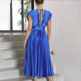 Satin Pleated Flare Midi Dress with Cap Sleeves